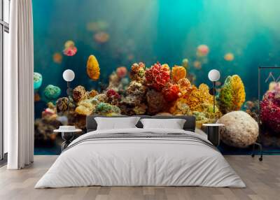 Blue aquarium background underwater with stone and colored coral, for fish, modern 3d illustration Wall mural