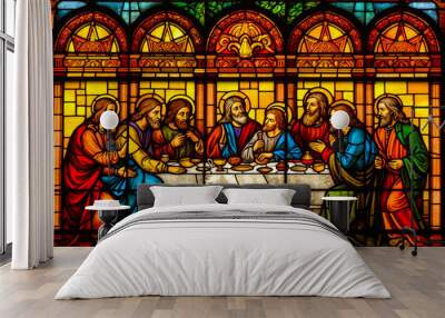 Breathtaking portrayal of Jesus and apostles in a vibrant stained glass from a Catholic cathedral for catechism purposes. Immerse in divine awe & storytelling. Generative AI Wall mural