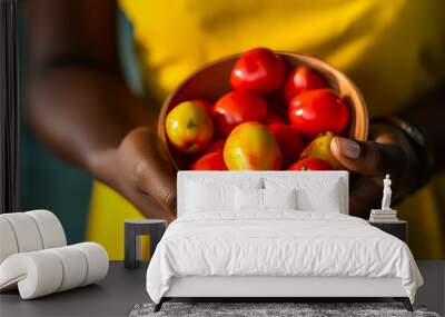 Captivating African woman's hands presenting a dish of fresh ackee, an enticing Caribbean cuisine ingredient with emotional allure. Taste the culture! Generative AI Wall mural