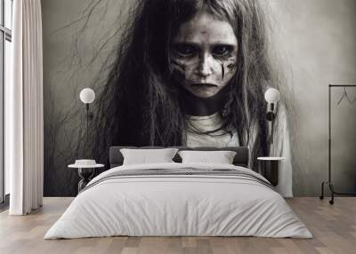 Dead girl transformed into living dead or zombie, black and white, 3d illustration Wall mural