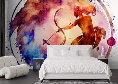 Delicate astrological sign of Sagittarius as a circular icon in pastel colors on a white background. Perfect for horoscopes and astrological divination. Wall mural