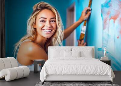 Delightful blond woman joyfully painting a wall blue in casual summer attire, embodying the vibe of home improvement with a radiant smile. Generative AI Wall mural