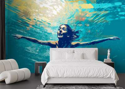 Delightful illustration of a lady immersed in swimming, capturing the calming serenity of weightlessness underwater. Perfect for wellness & lifestyle content. Generative AI Wall mural