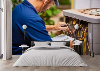 Efficient HVAC technician thoroughly inspecting a home air conditioning unit, holding clipboard in cool color indoor setting. Exudes professional technical ambiance.  Wall mural