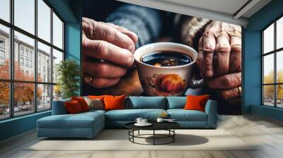 Emotionally touching elderly hands holding coffee cup in cozy memory-filled room, conveying warmth, companionship, and retired shared experiences. Generative AI Wall mural