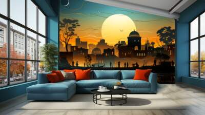 Enchanting depiction of traditional Middle Eastern homes at night, artistically forged in simplistic 2D geometrical shapes and serene silhouettes beset by palm trees. Wall mural