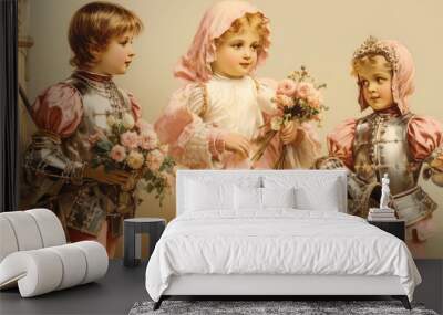 Enchanting princess girl in costume with two knight boys offering flowers, set against a dreamy pastel pink background. Generative AI Wall mural