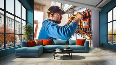 Engaging electrician expertly analyzing home heating system, embraced by cool hues within a professional indoor environment sparking technical intrigue. Generative AI Wall mural