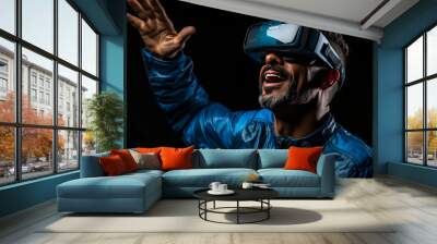 Engaging man immersed in a digital world, using virtual reality goggles. Plain studio background enhances the focus on innovative technology. Wall mural