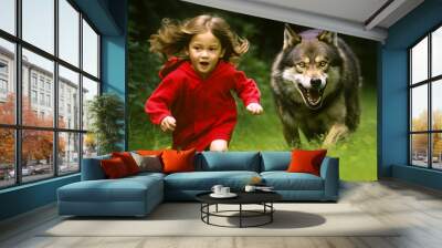 Enthralling scene of a brave little girl in red hood entrapped in fairy-tale chase with a menacing wolf; emanates adventure and nostalgia. Generative AI Wall mural