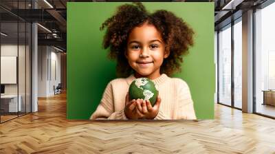 Enthralling young prodigy on vibrant green backdrop, holding mini earth model with awe, embodying a pledge to environmental protection. Generative AI Wall mural