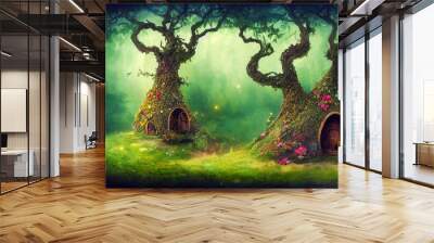 Fairy tale house built in the trunk of a tree. Dreamlike image for children's story. Habited by elves and fairies. Wall mural