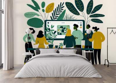 Group of people working in a collaborative and sustainable environment. Environmentally friendly flat design for improved productivity and collaboration. Generative AI Wall mural