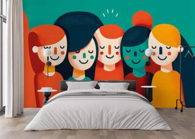 Group of smiling colleagues with linked arms, a childish style and bright colors convey a feeling of warmth and positivity. Generative AI Wall mural