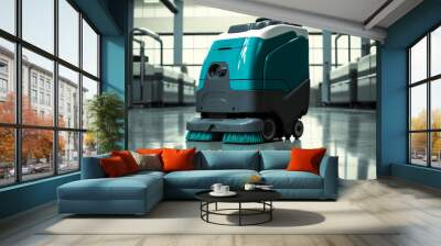 Innovative floor cleaning robot at work in a sleek, modern commercial space symbolizing advanced technology and progress. Generative AI Wall mural