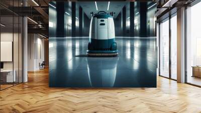 Innovative floor cleaning robot in action within sleek, modern commercial space - symbolizing progress and high-tech cleanliness solutions.  Wall mural