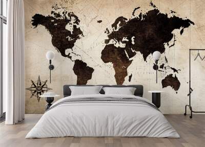 Poster of an ancient world map with compass rose and geography lines Wall mural