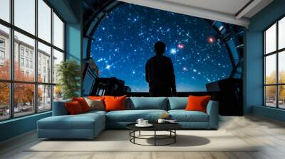 Scientist studying stars through large telescope, cosmology Wall mural