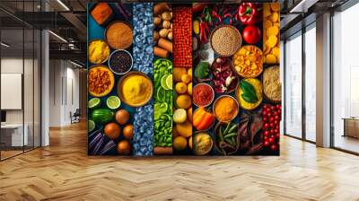 Stunning mosaic-style gastronomy with vibrant French cuisine ingredients against a dark background - a feast for the eyes. Generative AI Wall mural