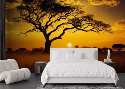 Sunset on africa and savannah, with baobab tree and wild bush Wall mural