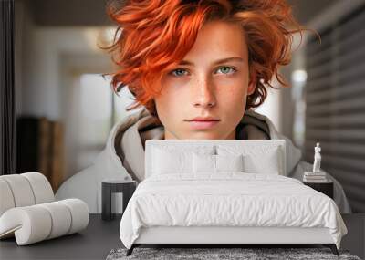 Teenage boy with red hair and green eyes in casual attire. Wall mural