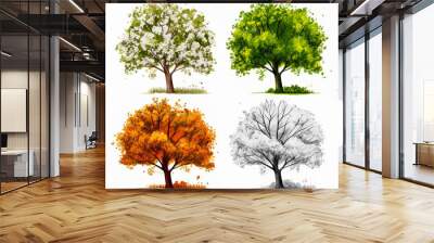 The 4 seasons of the year with the same tree evoking the snowy winter, the spring in bloom, the orange autumn and the green summer, all on a white background. Wall mural