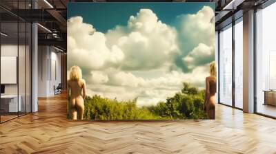 Two naked women, standing side by side, seen from behind in a paradisiacal place. An evocative image referring to a beautiful idyllic scene. Generative AI Wall mural