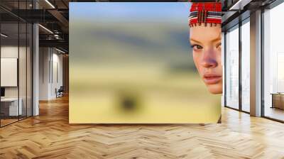 Vibrant Maasai female warrior, striking red hair, adorned in traditional attire, standing sideways with serene Serengeti plains subtly blurred behind. Extra space for copy. Generative AI Wall mural