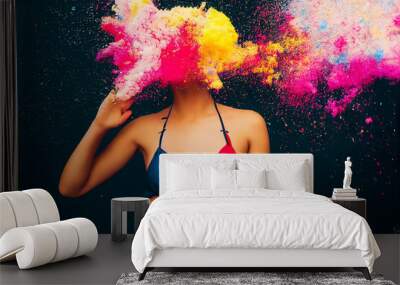 Woman in bikini lost in a multicolored powder explosion, 3d illustration Wall mural