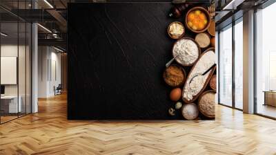 Baking ingredients on black background, top view Wall mural