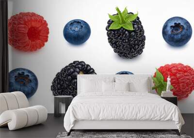 Berries mix. Blueberry, raspberry and blackberry isolated on white background Wall mural