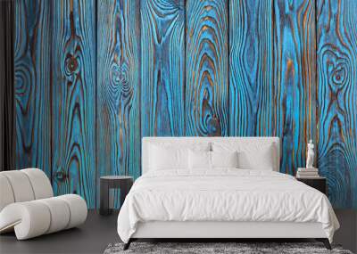 Blue wooden planks background, old and grunge blue colored wood texture Wall mural