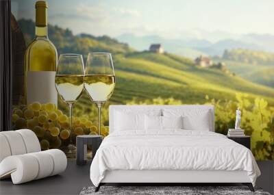 Bottle of white wine and two glasses on wine barrel, vineyard landscape with copy space Wall mural