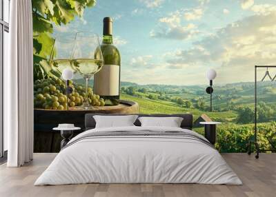 Bottle of white wine and two glasses on wine barrel, vineyard landscape with copy space Wall mural