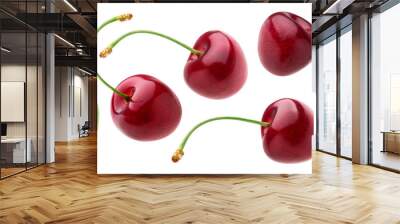 Cherry isolated on white background with clipping path, fresh cherries with stems and leaves Wall mural