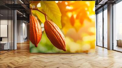 Cocoa pods, cacao tree blurred background with copy space Wall mural