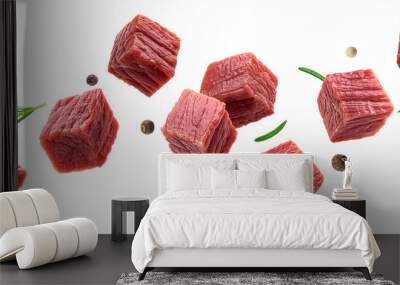 Cubes of raw beef meat isolated on white background Wall mural