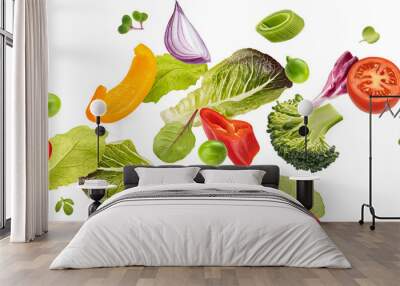 Falling vegetables, fresh salad of bell pepper, tomato and lettuce leaves Wall mural