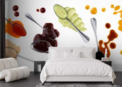 Sauce with spoon isolated on white background, collection of different spilled and flowing sauces Wall mural