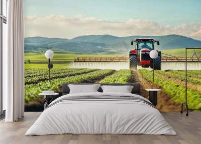 Tractor spraying pesticides, copy space, free space for text, green farm field with young sprouts background, rural landscape Wall mural