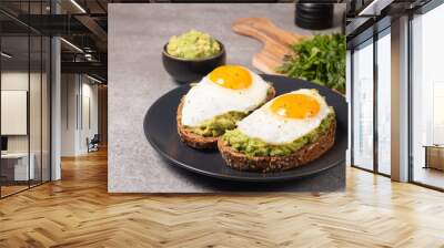 Two avocado open sandwiches with egg. Keto and diet concept. Healthy toast food for breakfast. Wall mural