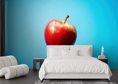 Red apple flying in the blue sky background. Creative heathy food diet concept. Abstract fruit surreal wallpaper. Wall mural