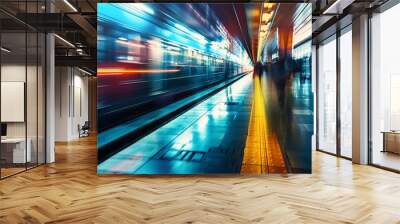 A blurry image of a train station with people walking on the platform Wall mural