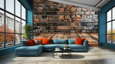 A brick wall with a wooden floor in front of it Wall mural