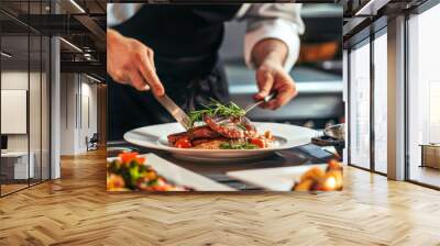 A chef is preparing a meal with a knife and fork Wall mural