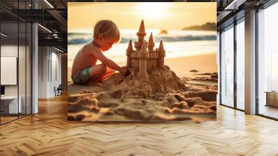 A child building a sandcastle on the beach.   Wall mural