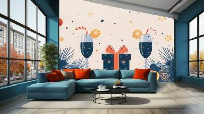 A Christmas scene with a box of wine and two wine glasses Wall mural