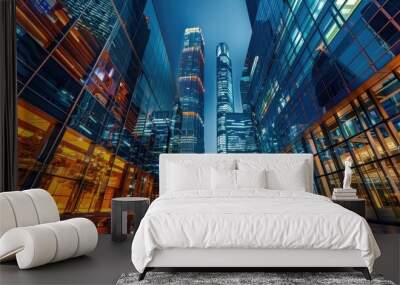 A city skyline at night with many tall buildings and a large body of water Wall mural