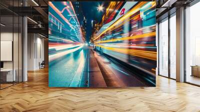 A city street at night with a bus in the middle of the road Wall mural