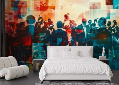 A colorful collage of people in a crowd Wall mural